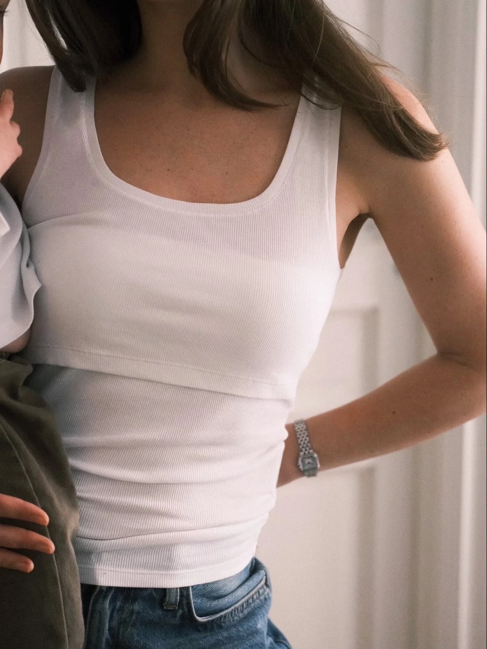 ILOUITY RIBBED SQUARE NECK NURSING TANK IN WHITE